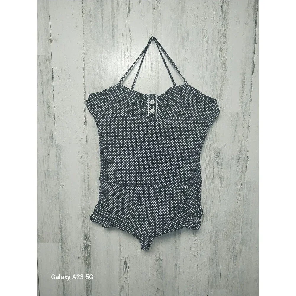 Lands End Kids One Piece Polka Dot Navy Swimsuit Size 16